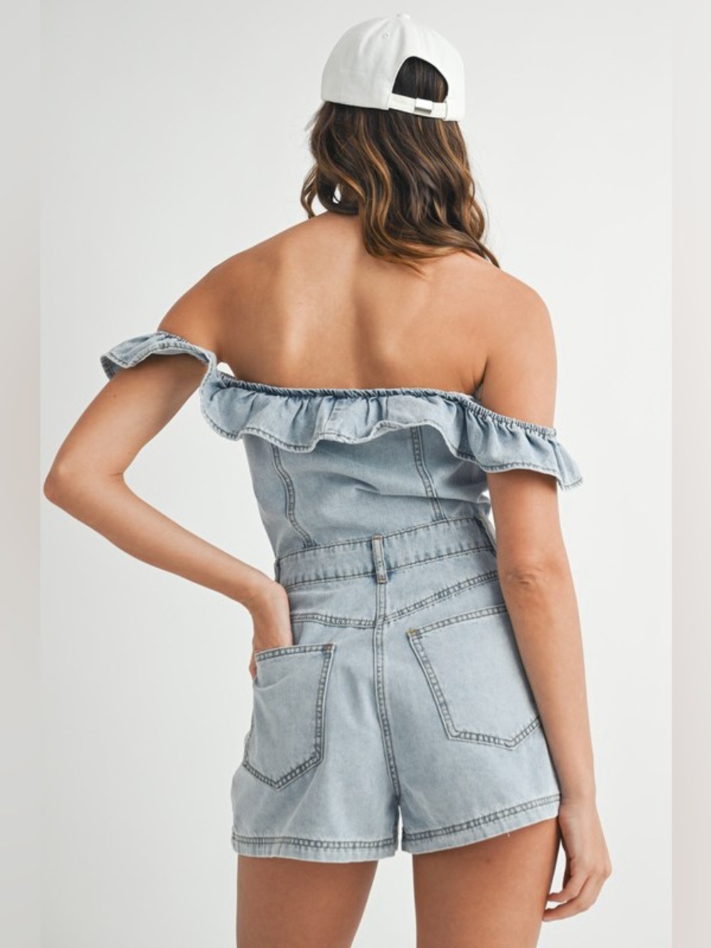 MABLE Off Shoulder Ruffle Detail Denim Romper - Picture 9 of 14